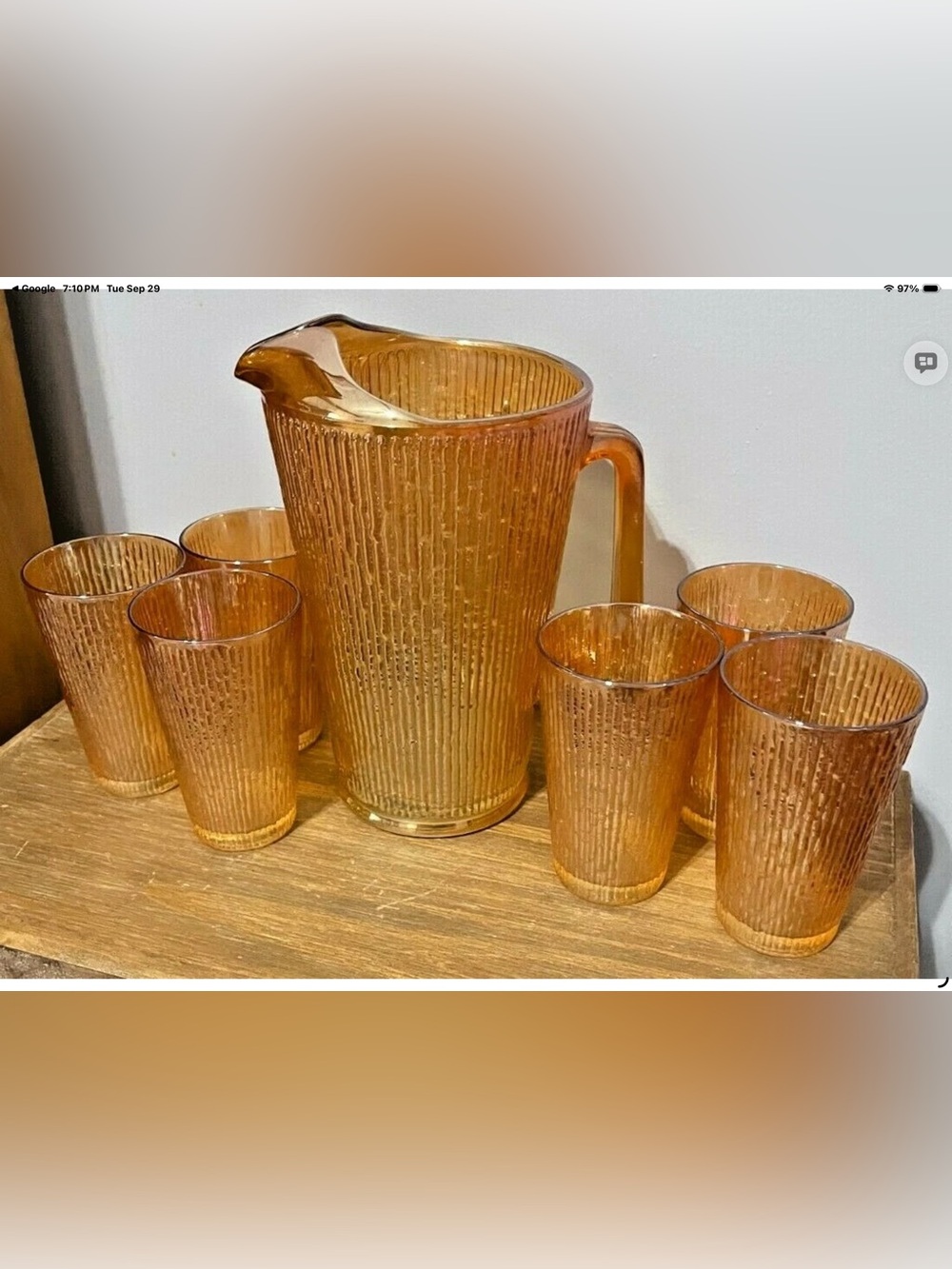 Vintage Jeannette Glass picture with six tumblerst Tree bark Marigold